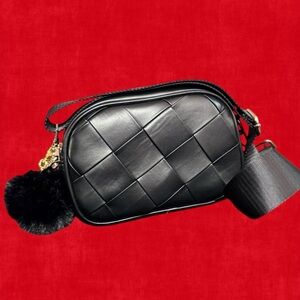 Elegant Black Woven Vegan Leather Crossbody Bag